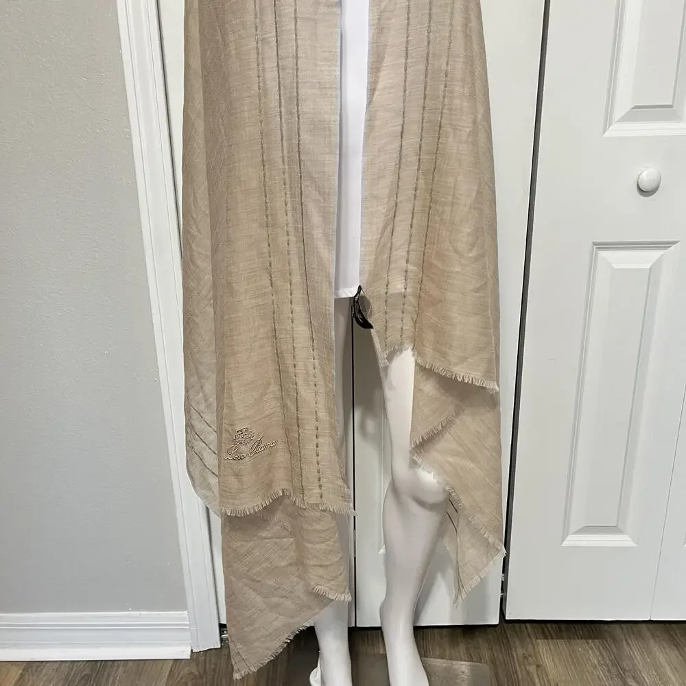 Loro Piana Shawl Wrap Womens Long Beige Cashmere Logo Stripe Scarf Italy
